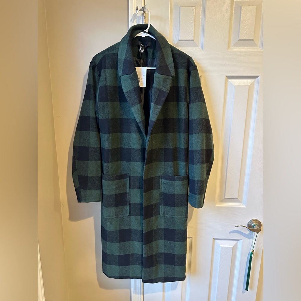 Buffalo plaid open-front coat